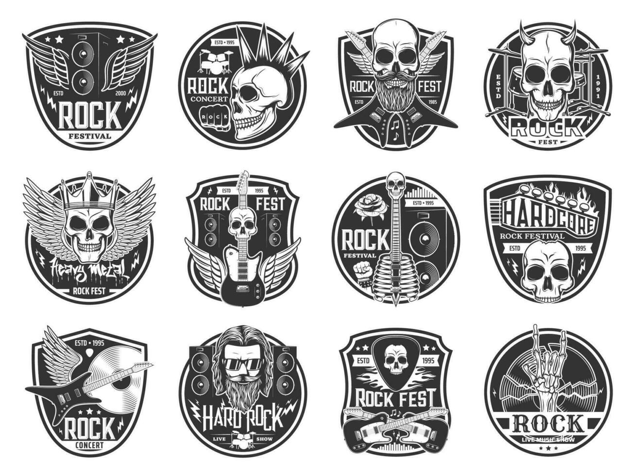 Hard rock and heavy metal music festival icons vector