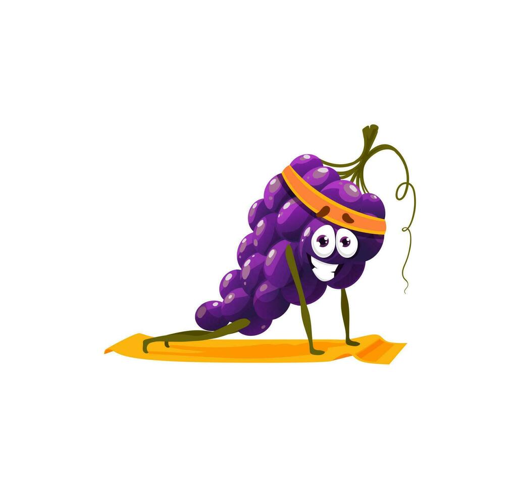 Purple grape cartoon character fitness yoga sport vector