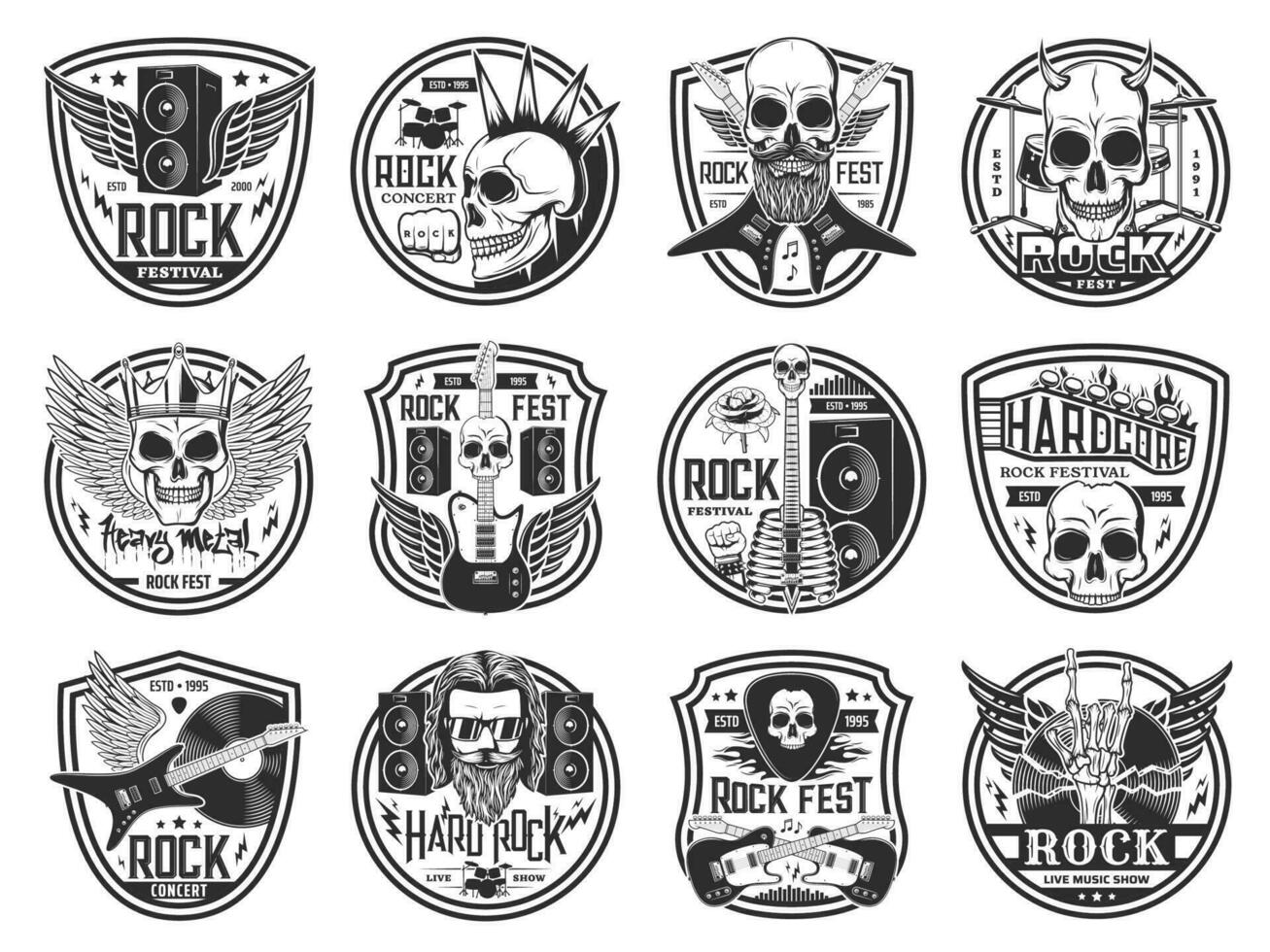 Heavy metal rock music engraved vector icons