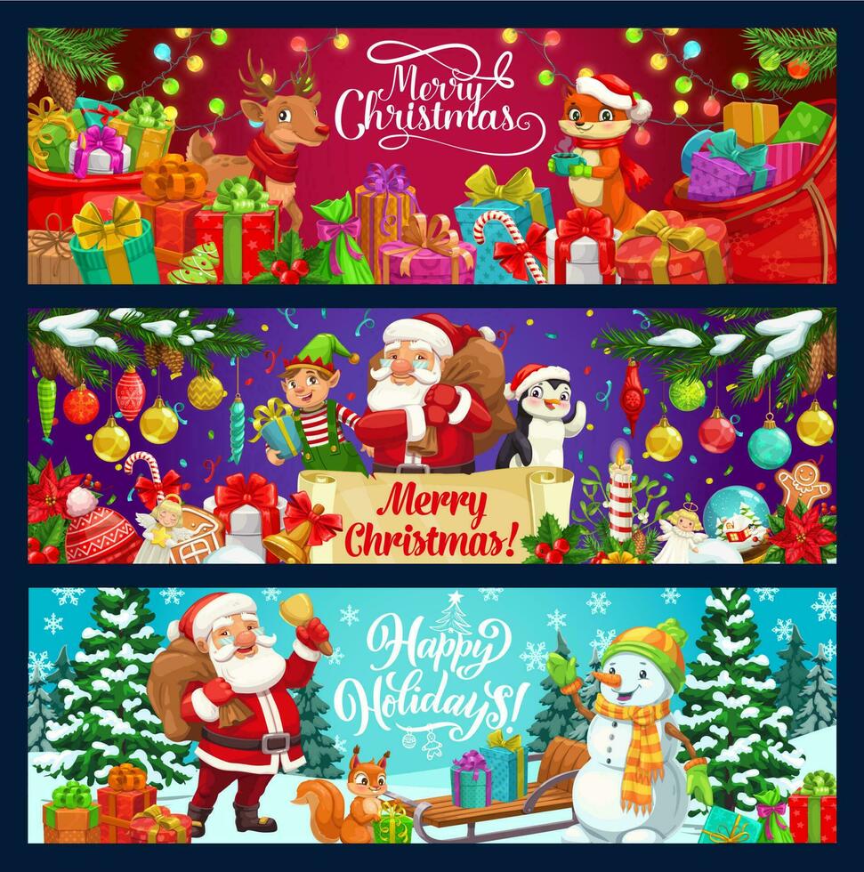 Santa, snowman, elf with gifts. Christmas banners vector