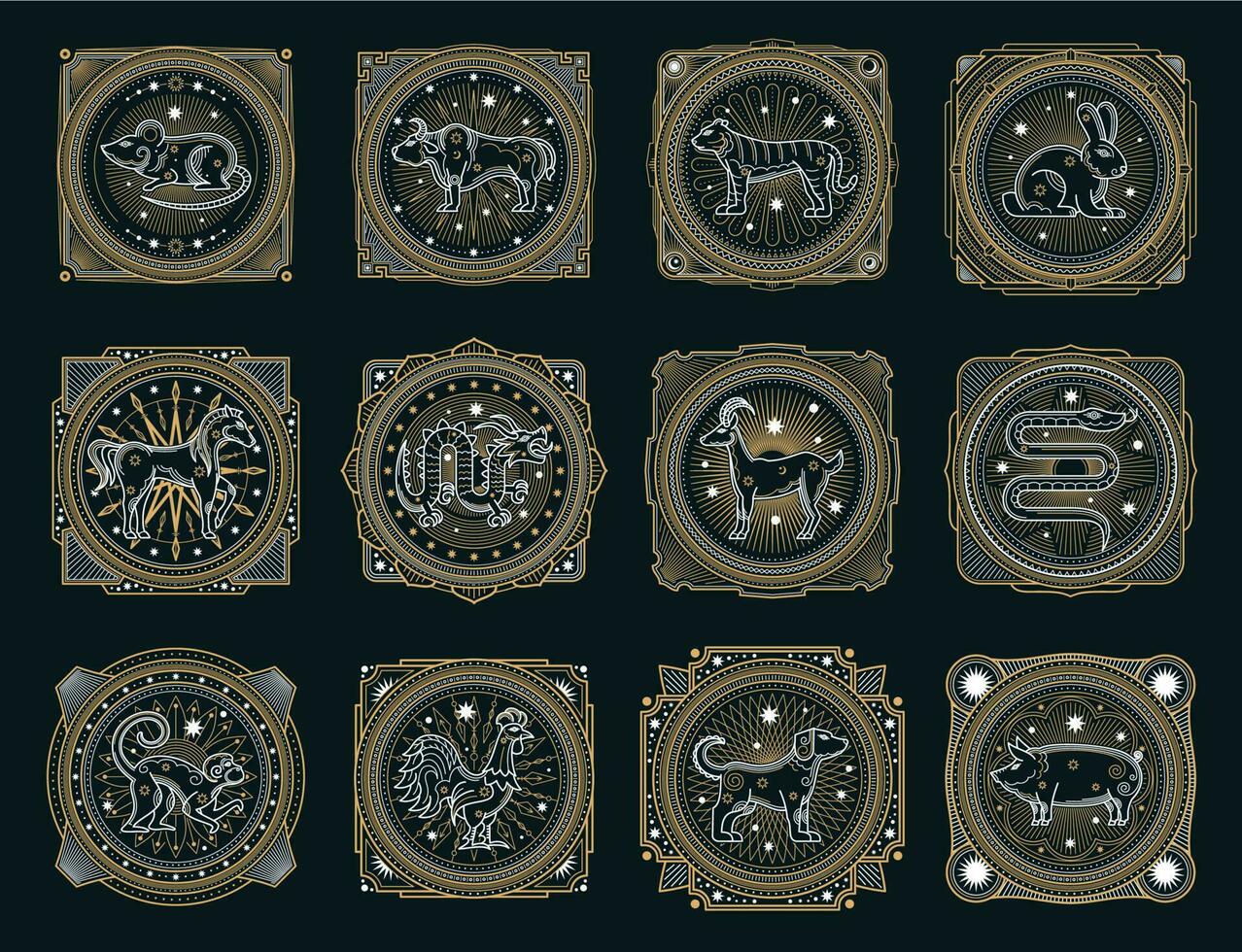 Chinese horoscope occult symbols, zodiac animals vector