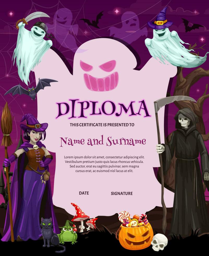Certificate, Halloween cartoon diploma template vector