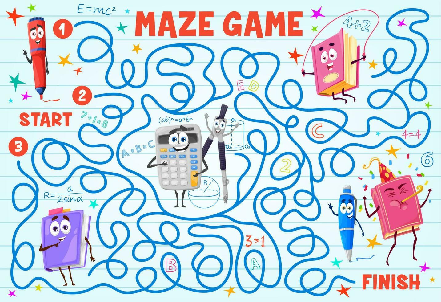 Kids maze with book, stationery cartoon character vector