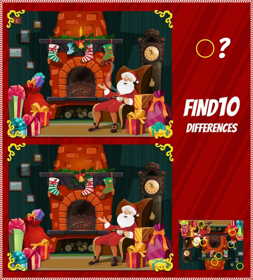 Kid game find ten differences with Santa Claus vector