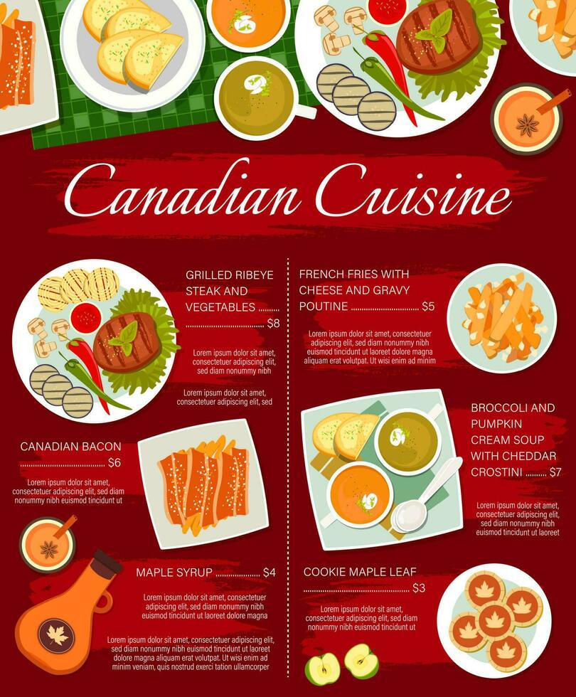 Canadian food restaurant meals menu vector page