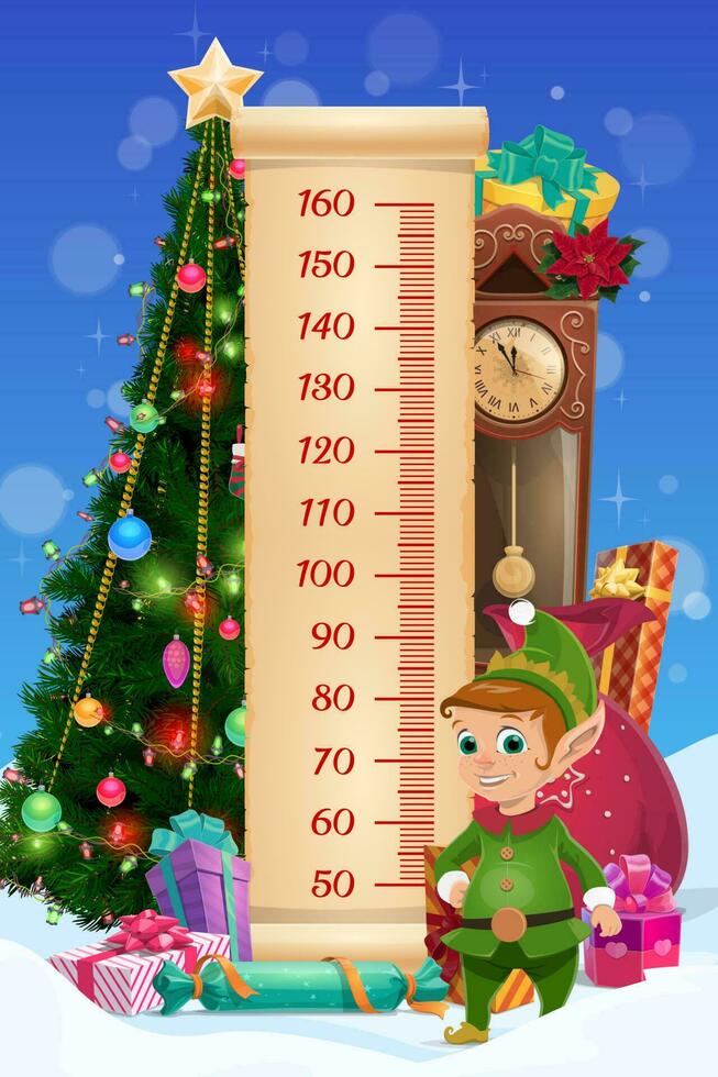 Kids height chart. Christmas tree and funny elf vector
