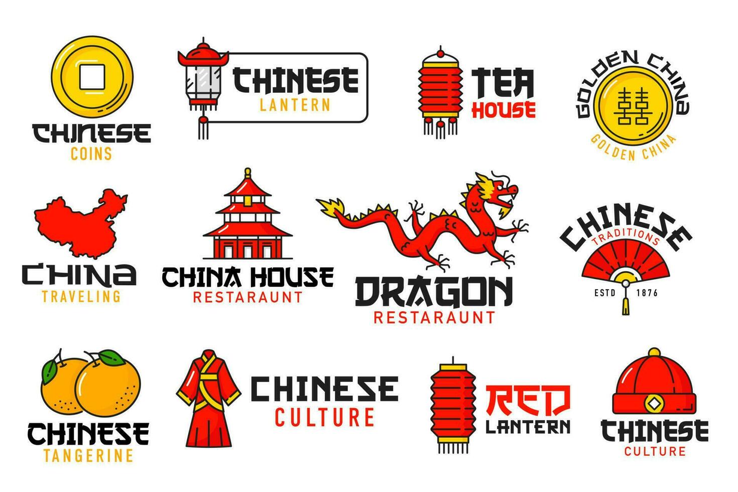 Chinese food festival, holiday and religion icons vector