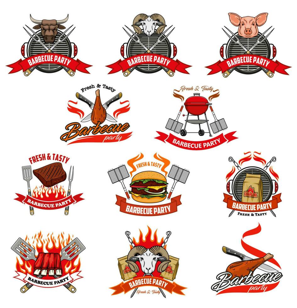 Barbecue party, charcoal BBQ fire and meat icons vector