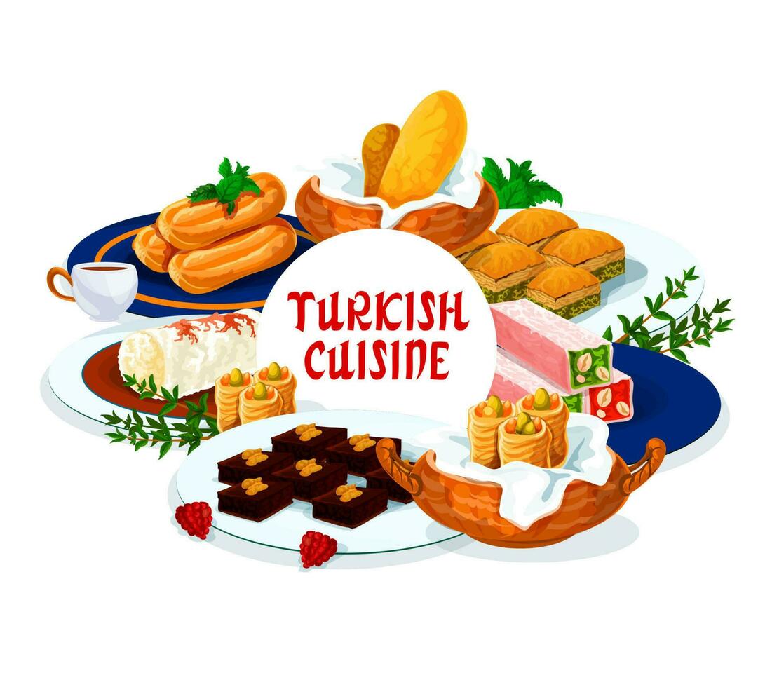 Turkish cuisine food, dessert sweets menu meals vector