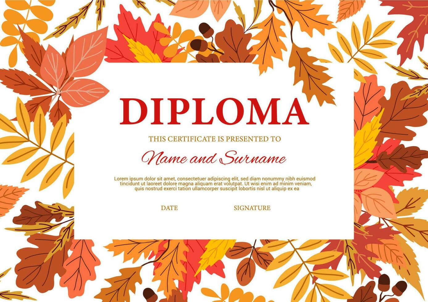 Diploma certificate, autumn leaves and acorns vector