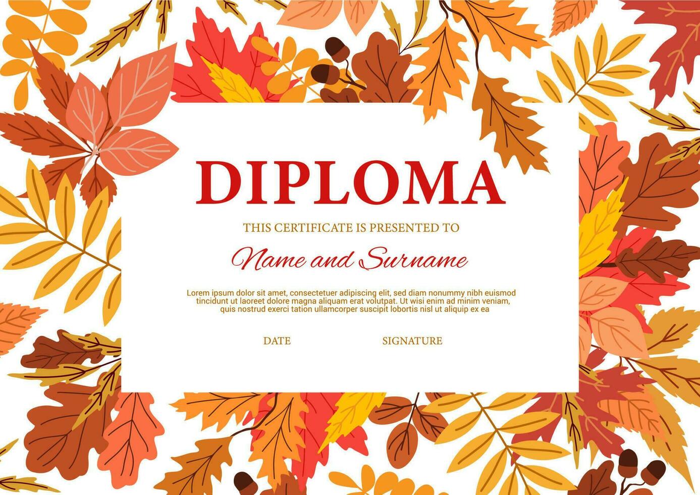 diploma certificado, otoño hojas y bellotas vector