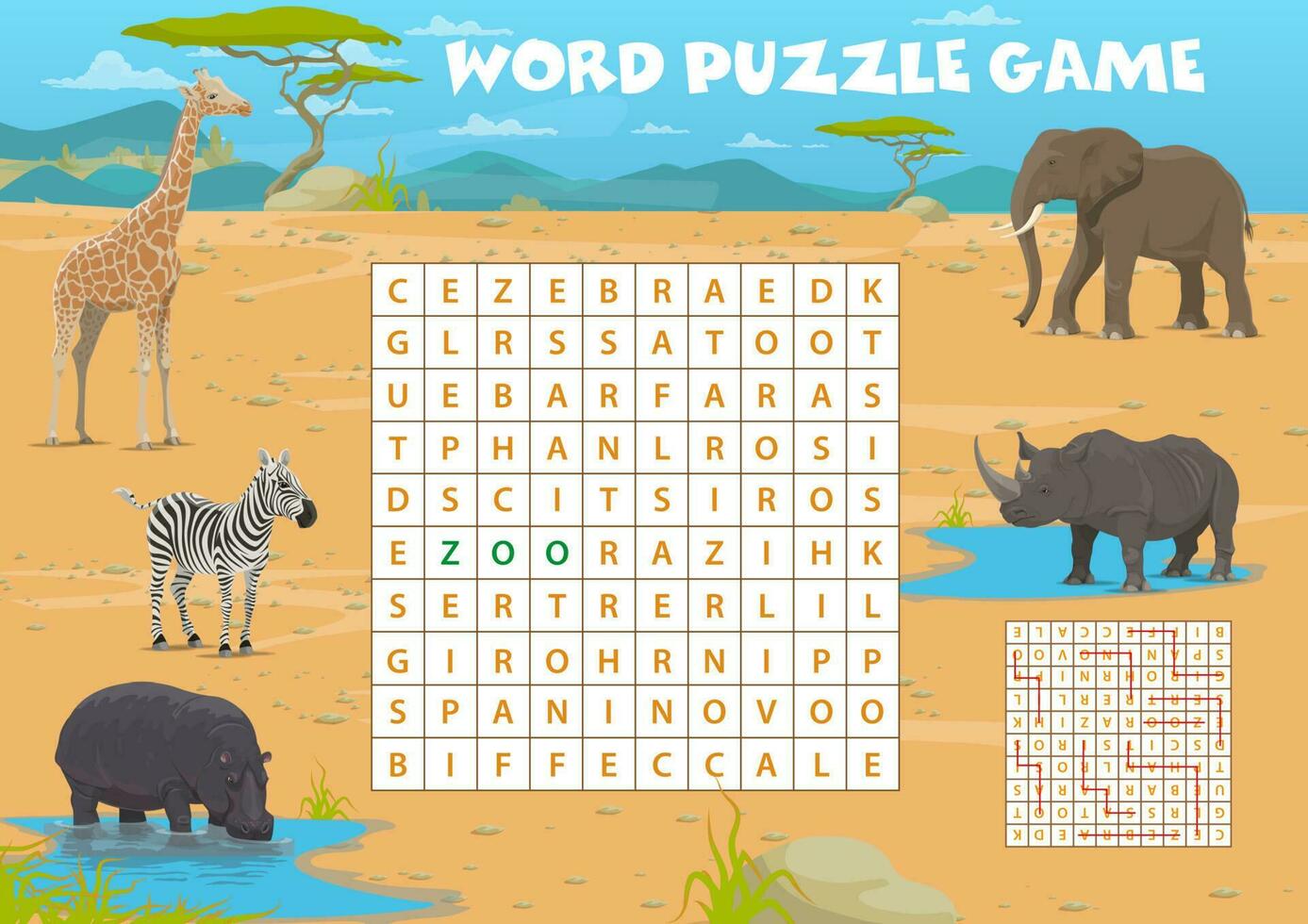 palabra buscar rompecabezas juego, africano sabana animales vector