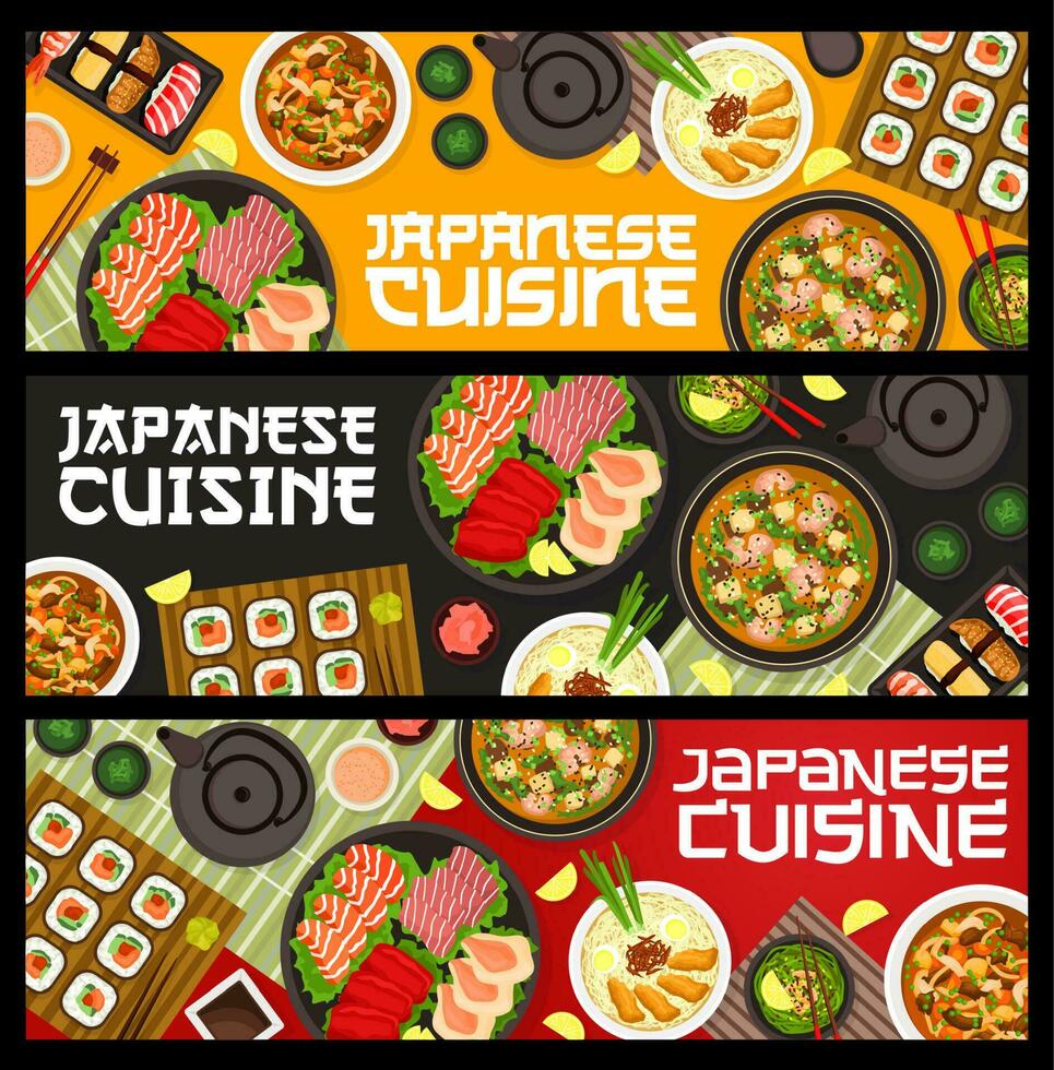 japonés cocina restaurante comida vector pancartas