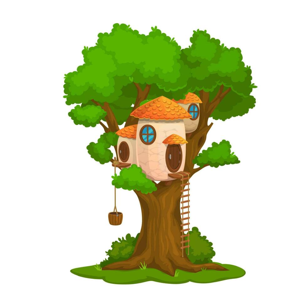 Cartoon fairy house, dwelling on oak tree vector