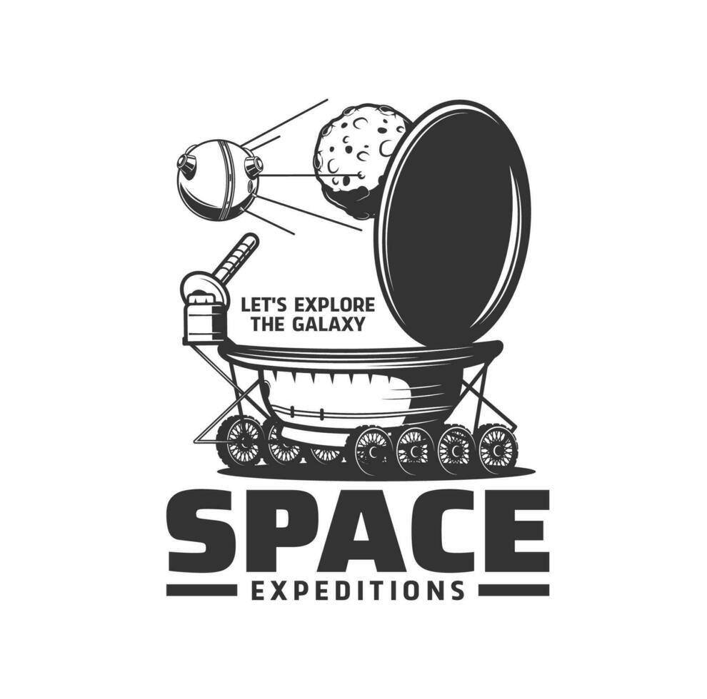 Space expedition icon, Moon planet and lunar rover vector