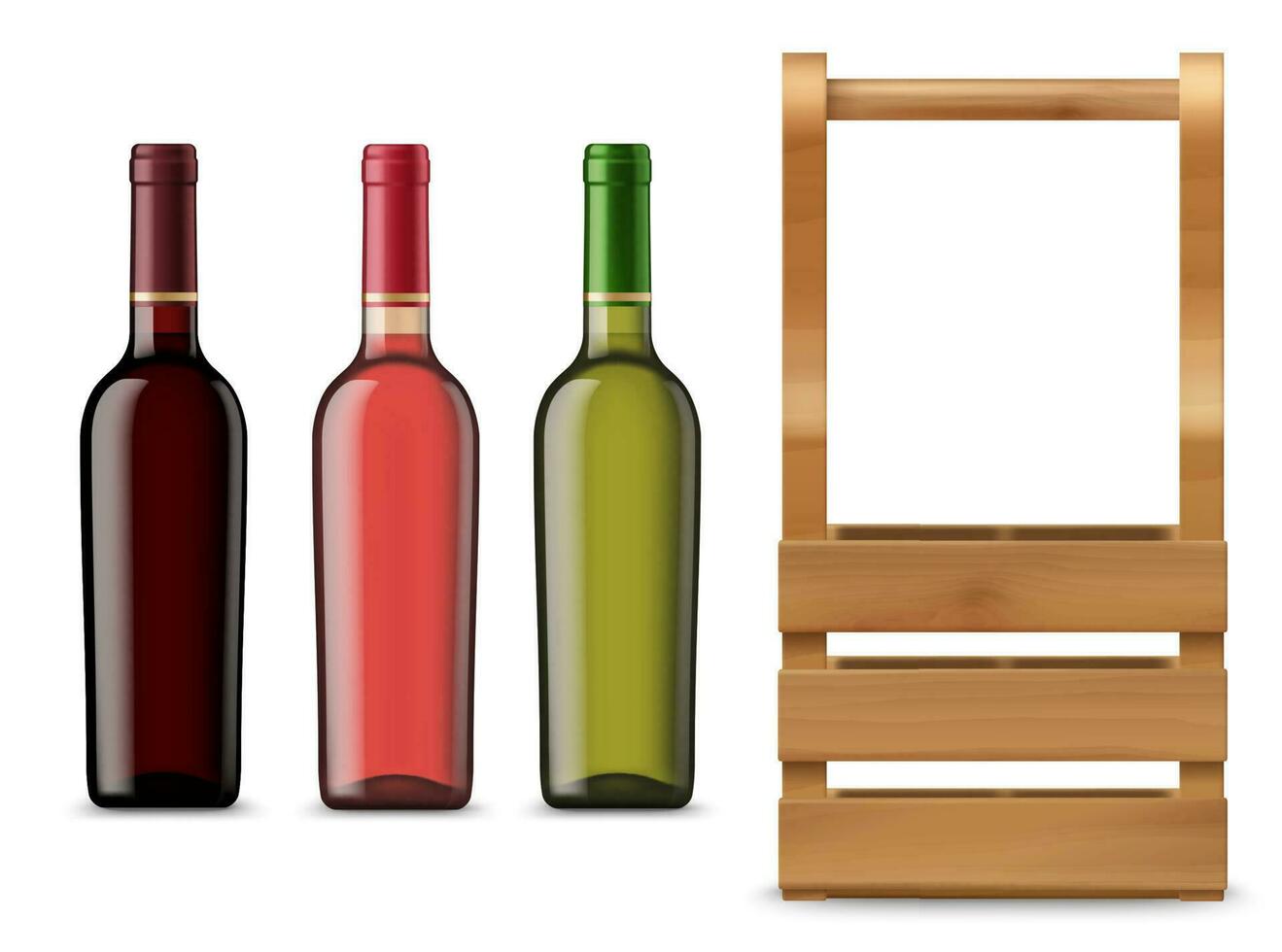 Isolated wine bottles and wooden case or box. vector