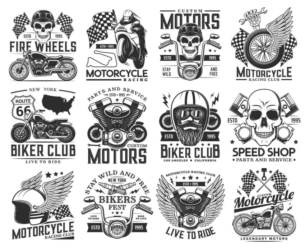 Motorcycle racing and biker club engraved icon set vector