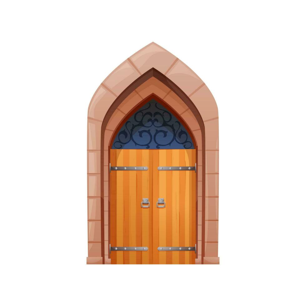 Cartoon medieval castle gates and doors, exterior vector
