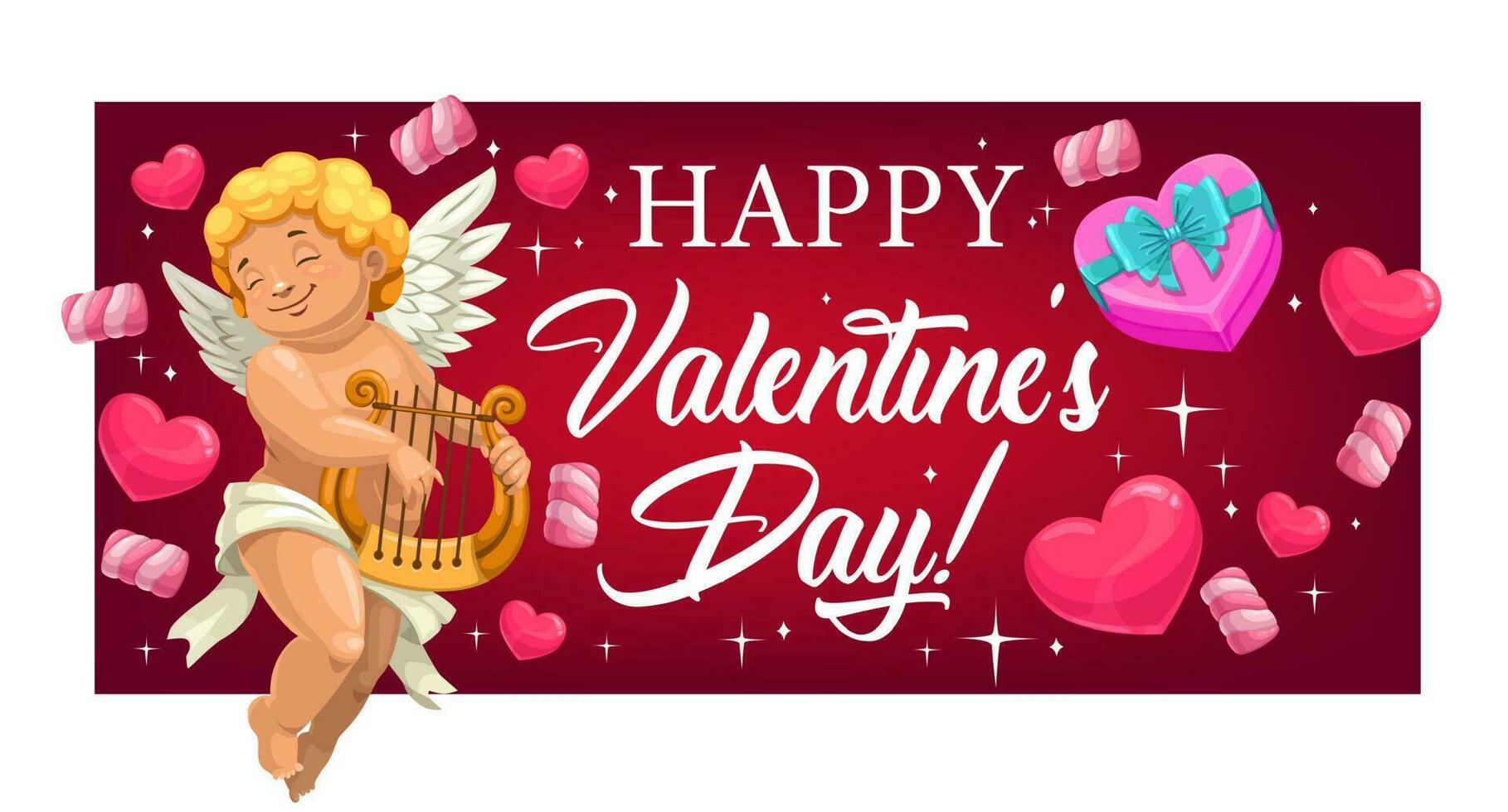 Valentines Day hearts, gift and Cupid with lyre vector
