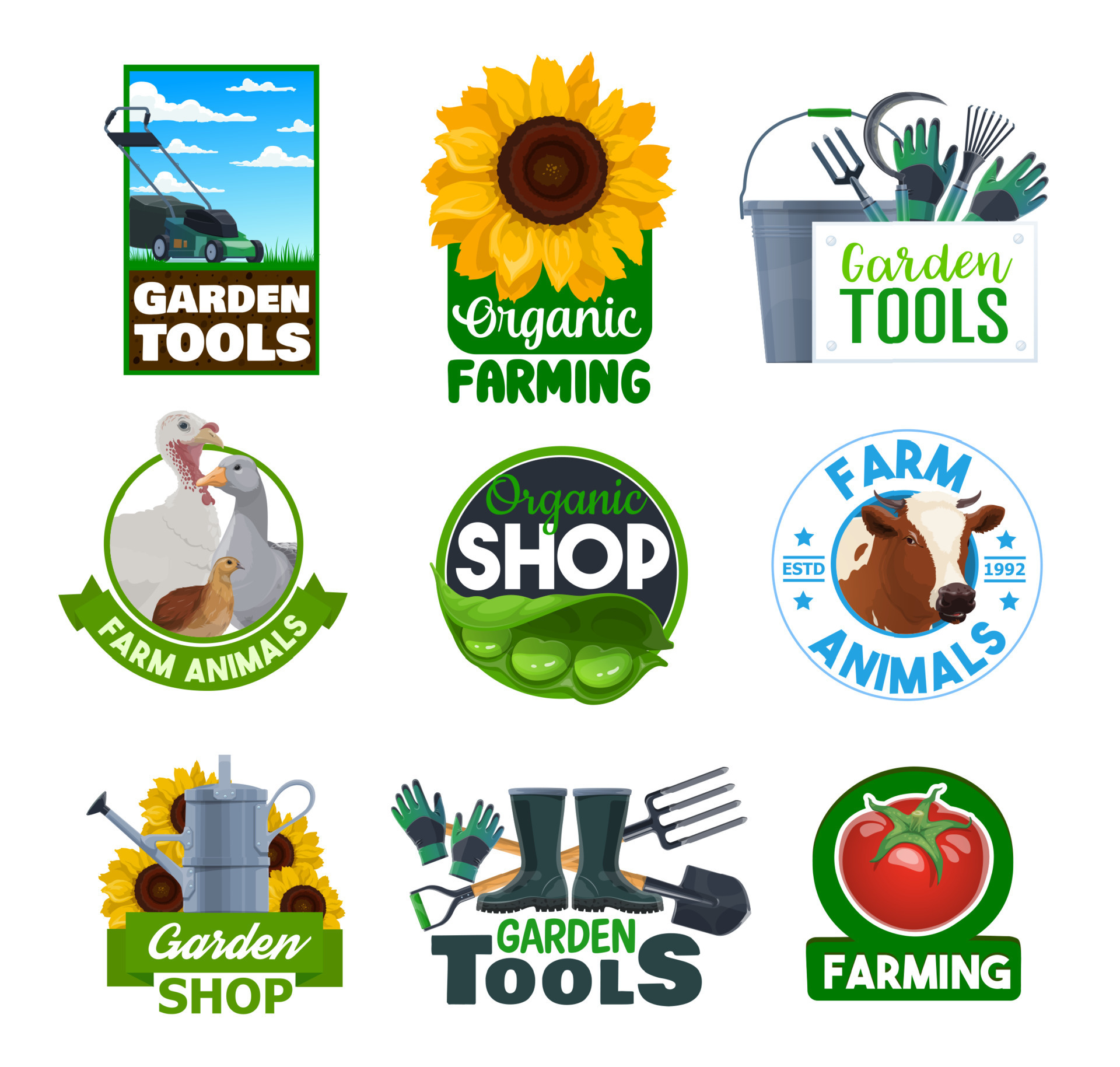 Organic farming, garden tools and cattle animals 23541952 Vector Art at