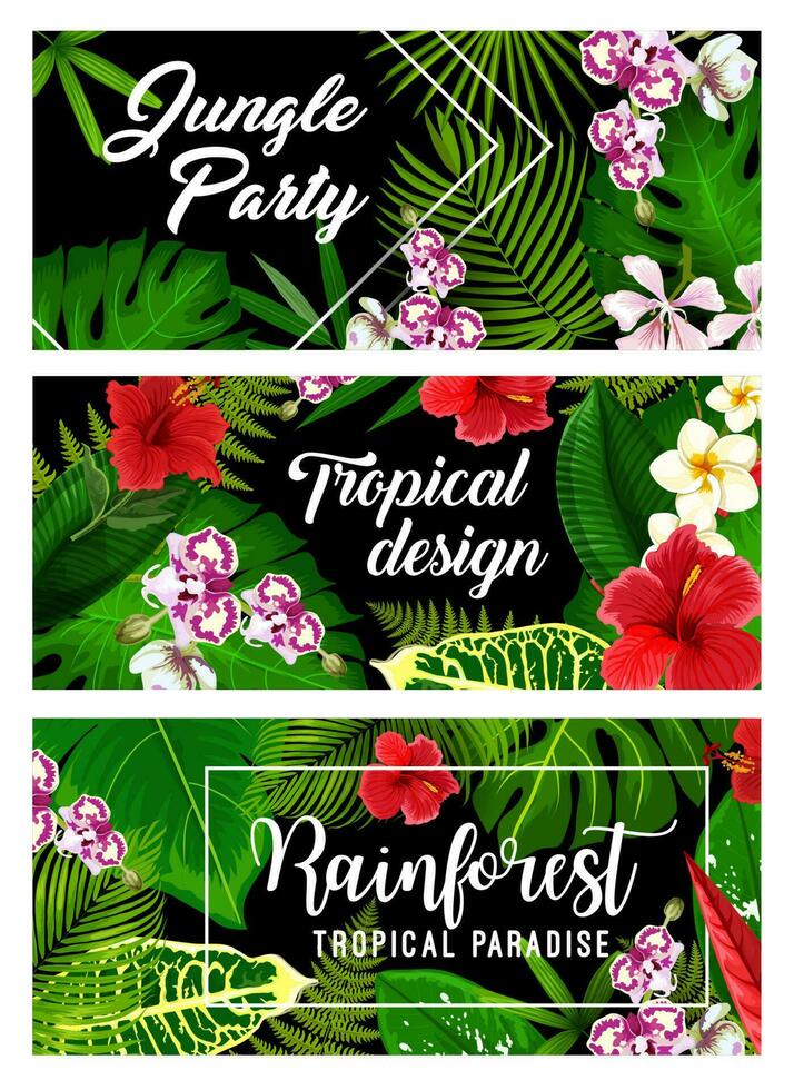 Tropical leaf, palm jungle flowers summer paradise vector