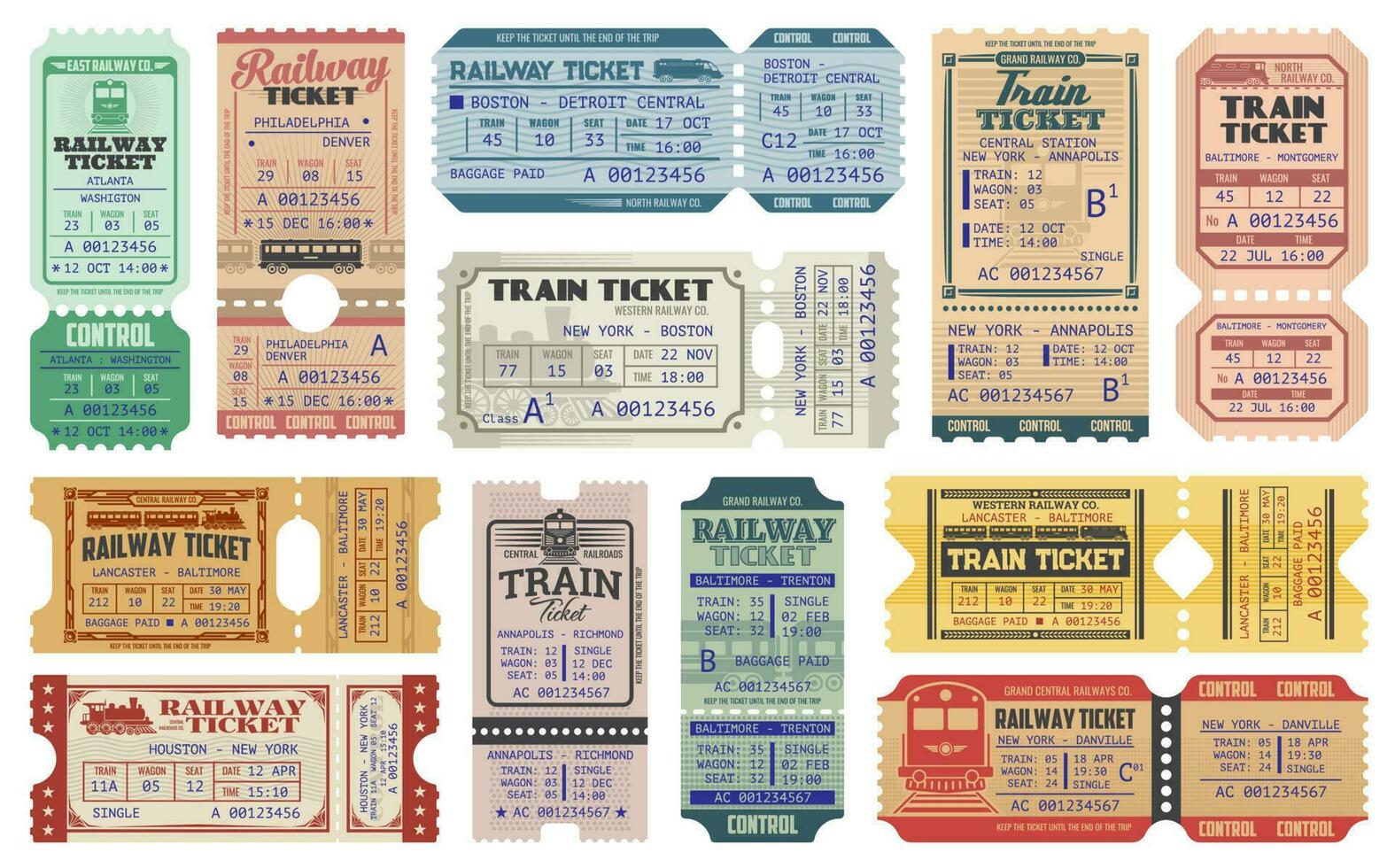 Retro railway train tickets, US America travel vector