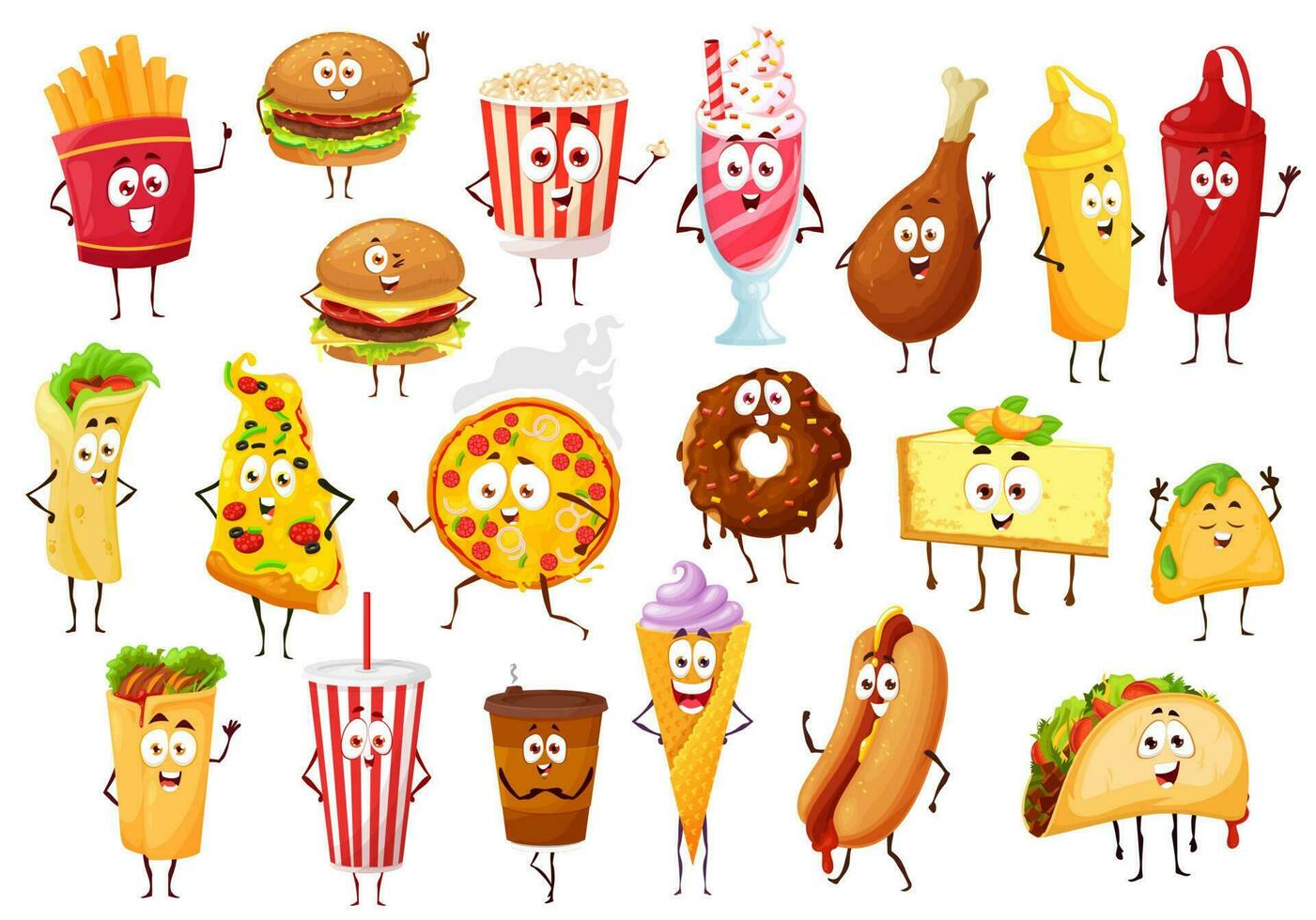 rápido comida dibujos animados caracteres. hamburguesas y bebidas vector