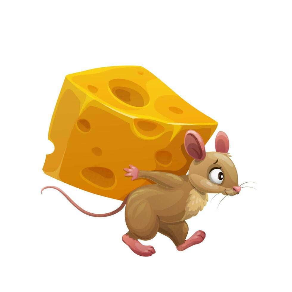 Cartoon mouse or rat and large piece of cheese, vector