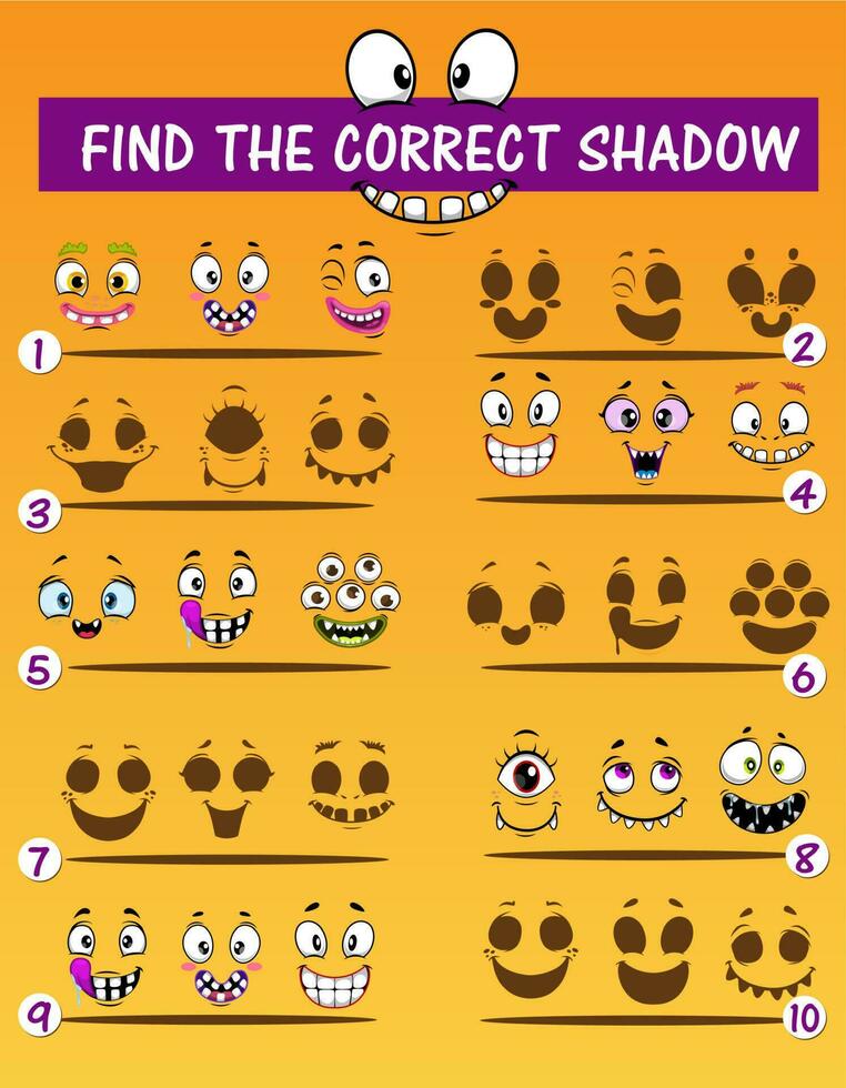 Children shadow match game with monsters faces vector