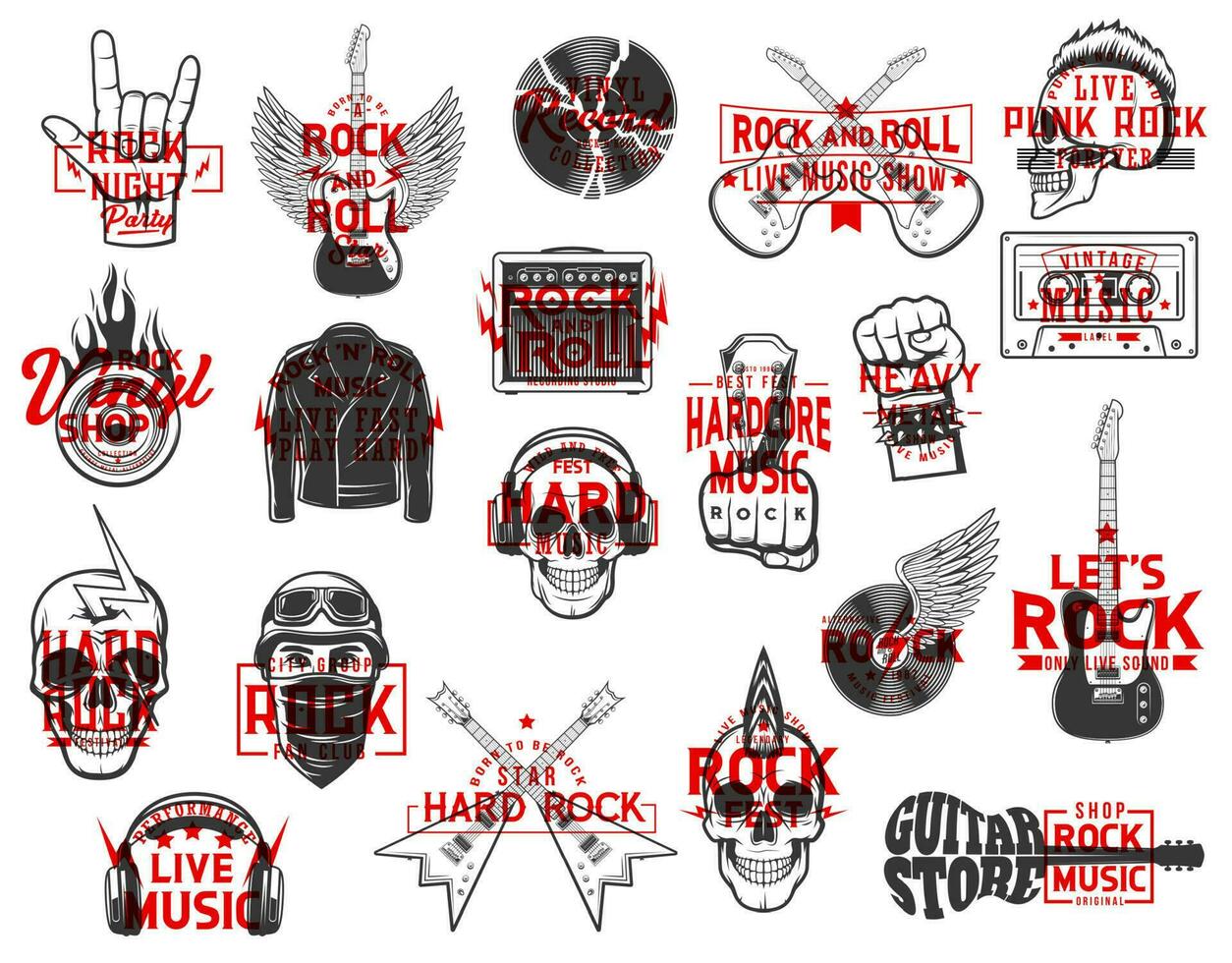 Rock music live show, festival and vinyl icons vector