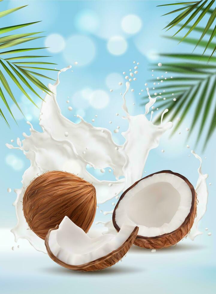 Coconut milk splash, palm leaves bokeh background. vector