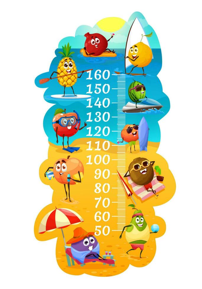Kids height chart with fruits on summer beach vector
