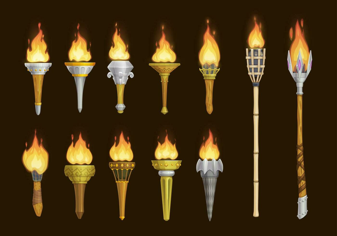 Cartoon medieval torche lanterns, game assets vector