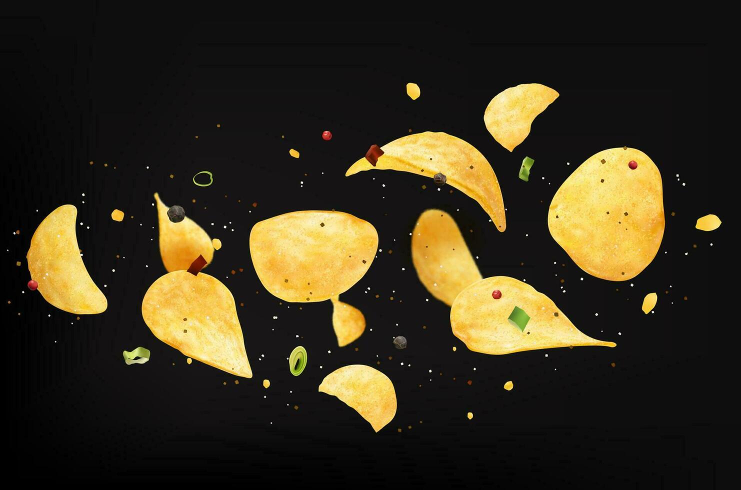 Flying crispy wavy potato chips with onion, spices vector