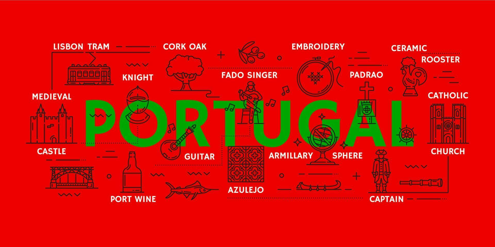 Portugal viaje contorno íconos y infografia vector