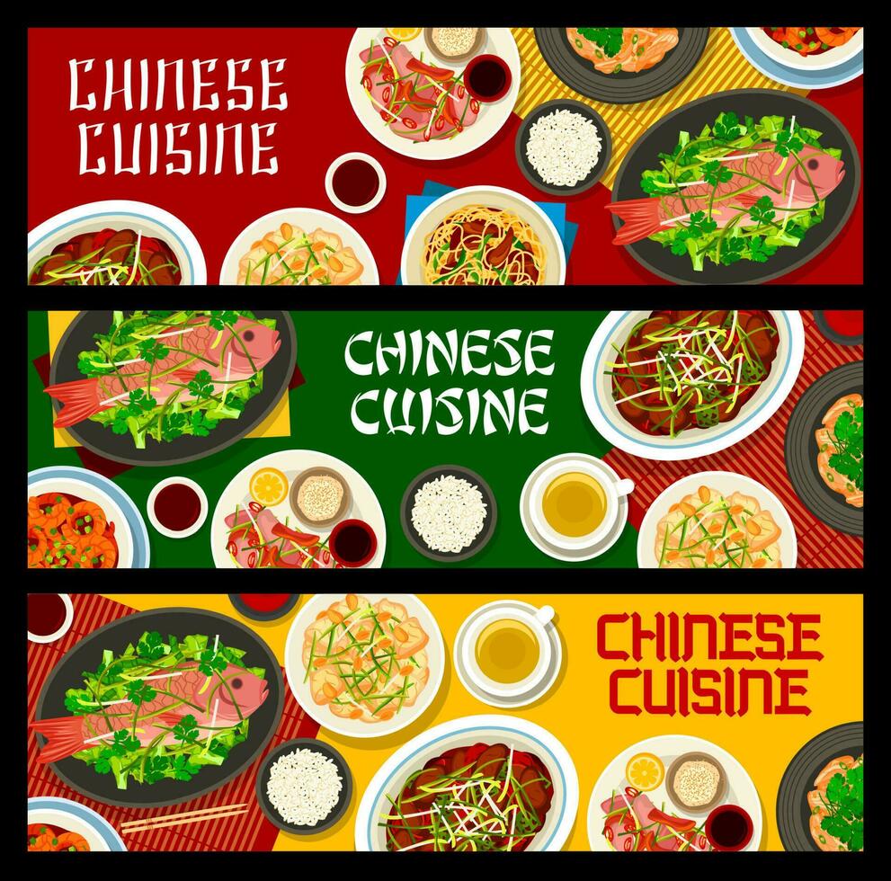 chino cocina comida pancartas, arroz, fideos, carne vector