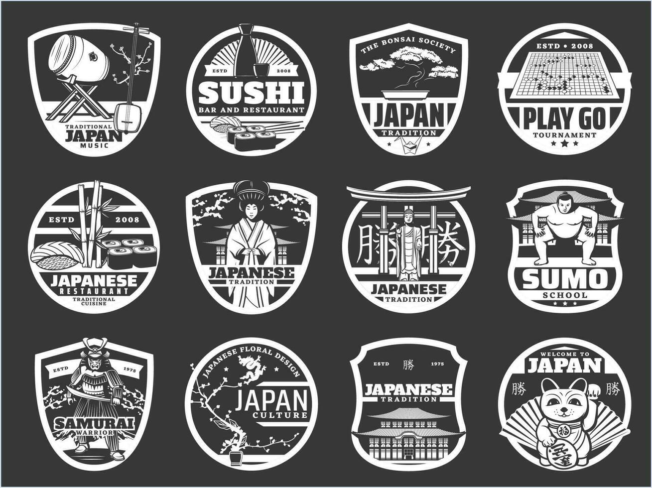 Japan religion, history and culture, sushi icons vector