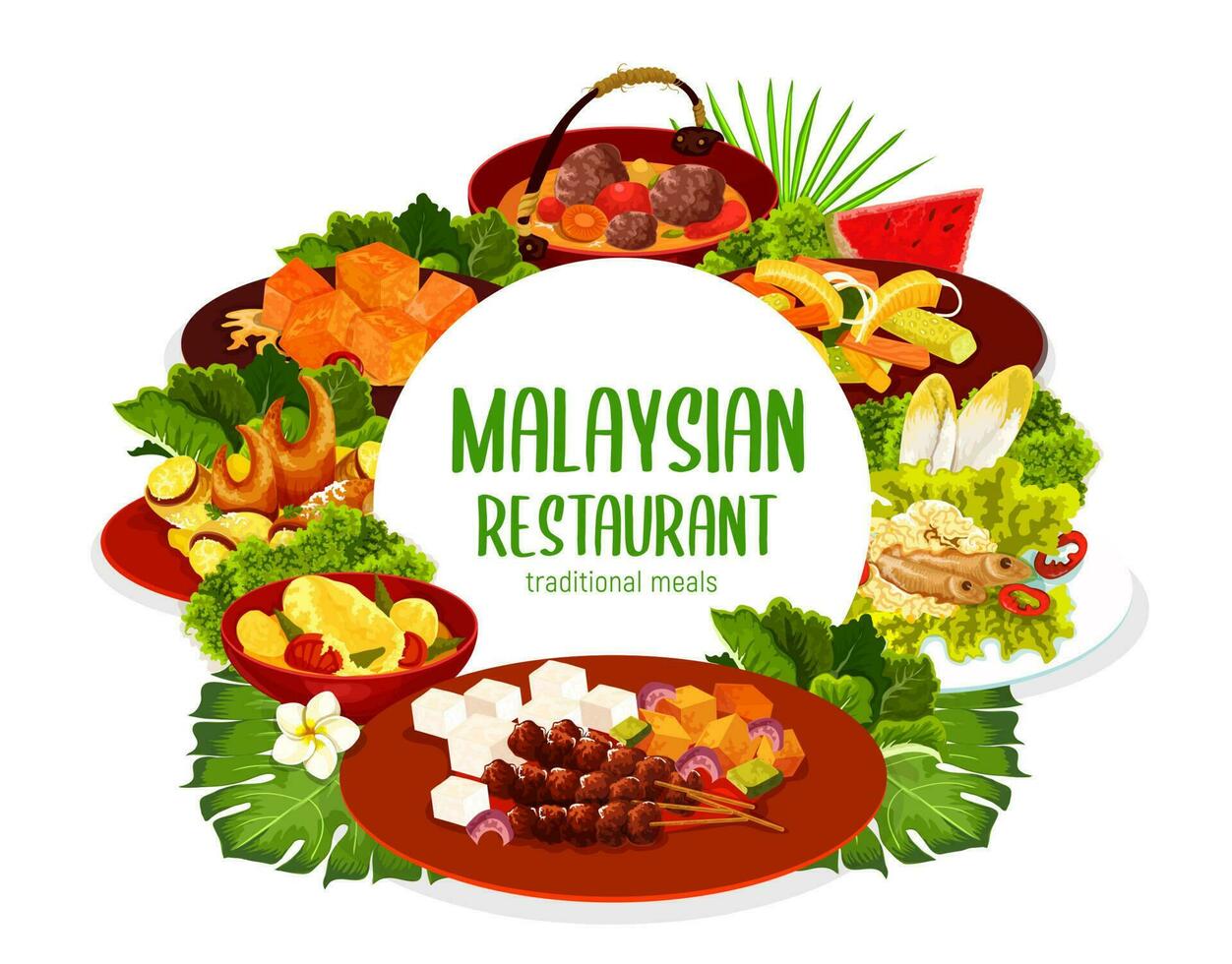 Malaysian cuisine restaurant meals round banner vector