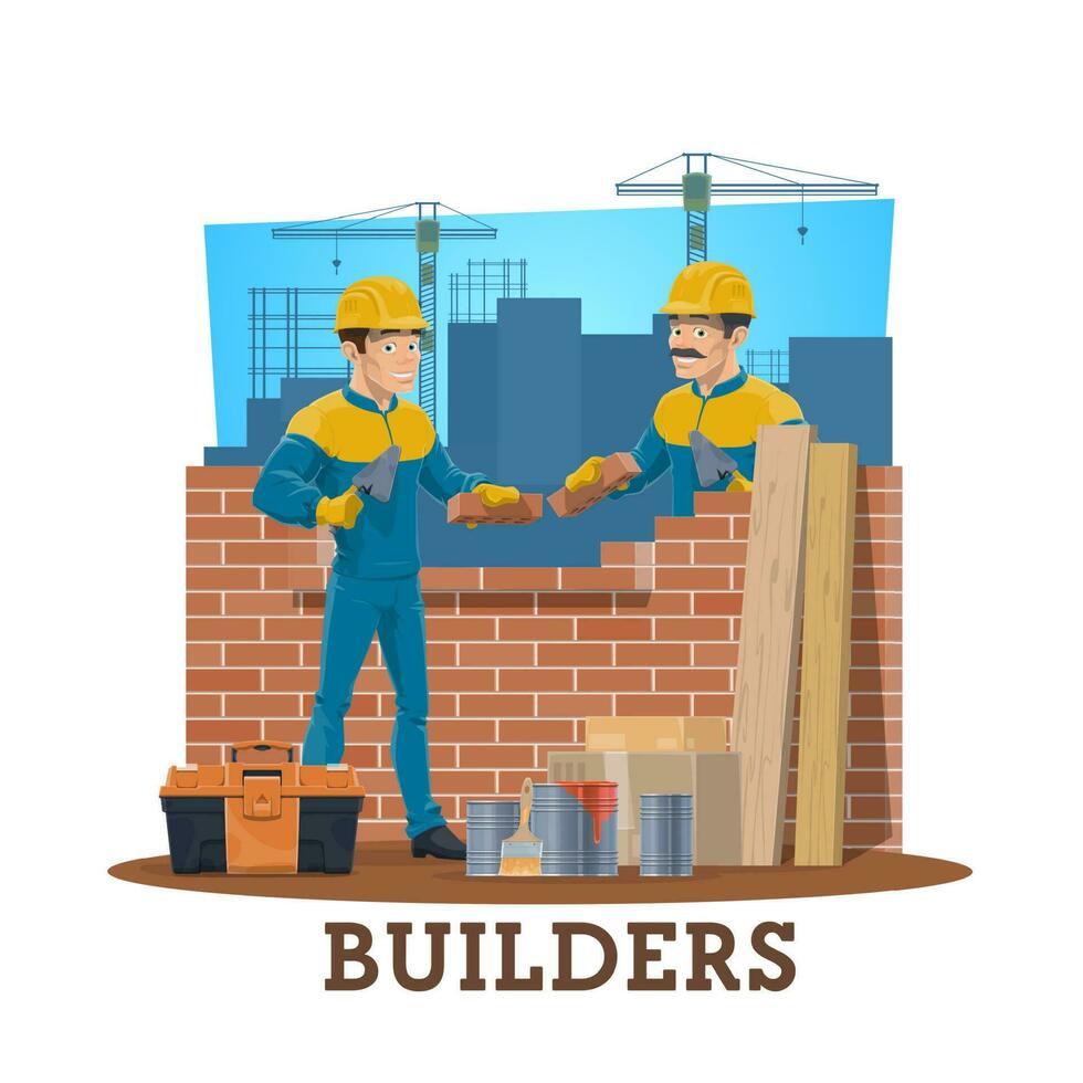 Bricklayer builders, construction industry workers vector