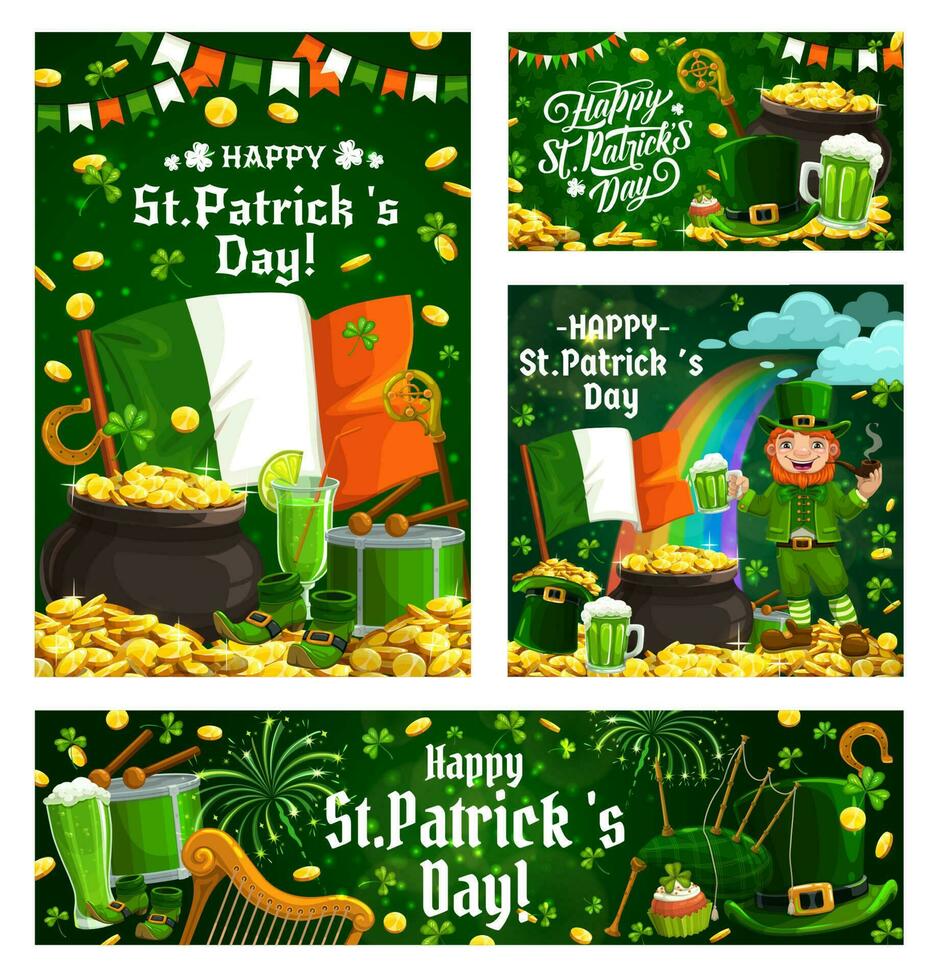 Leprechaun, St Particks Day shamrock and gold vector