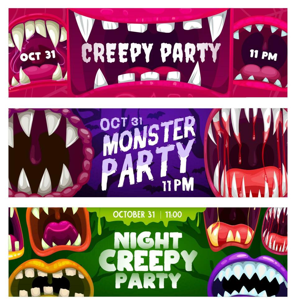 Creepy party night flyers with monster mouths vector