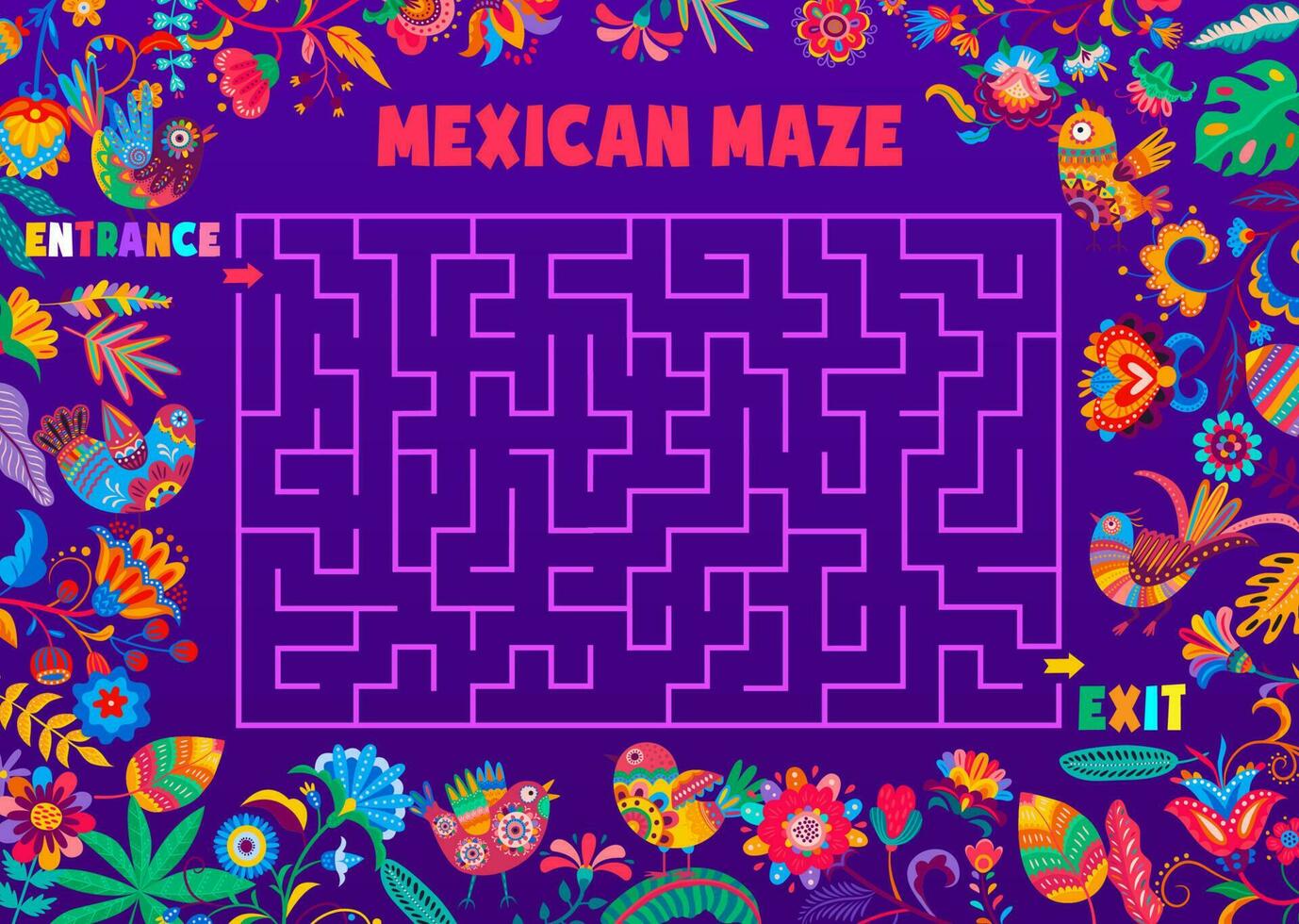 Labyrinth maze game, Mexican flowers and birds vector