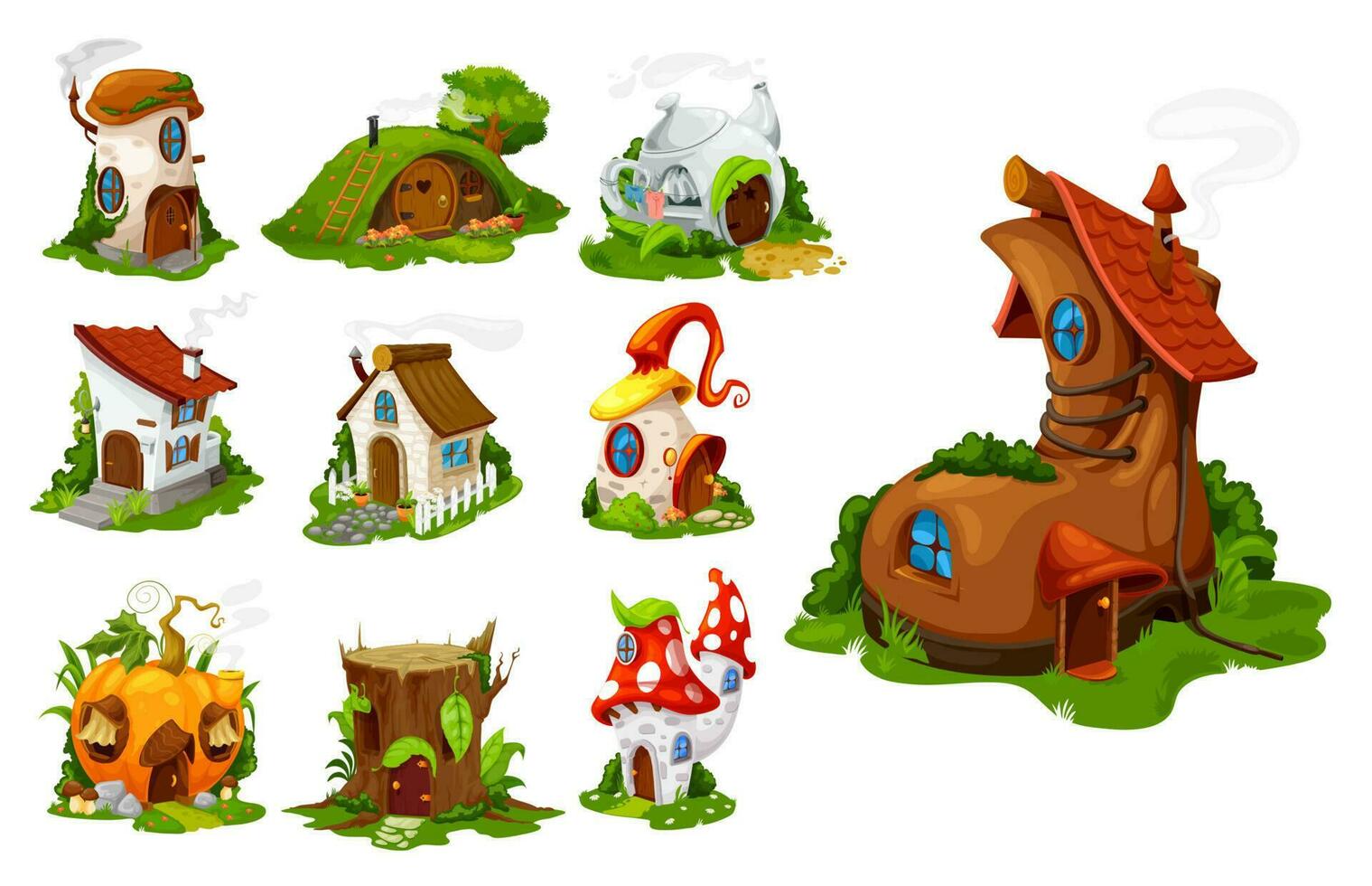 Cartoon fairytale houses and dwelling, buildings vector