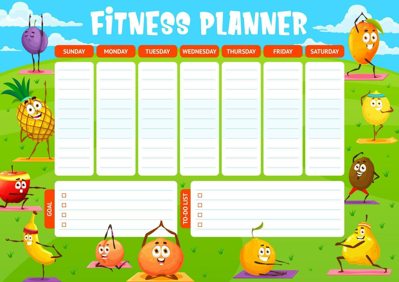 Cartoon fruits on yoga fitness, weekly planner vector