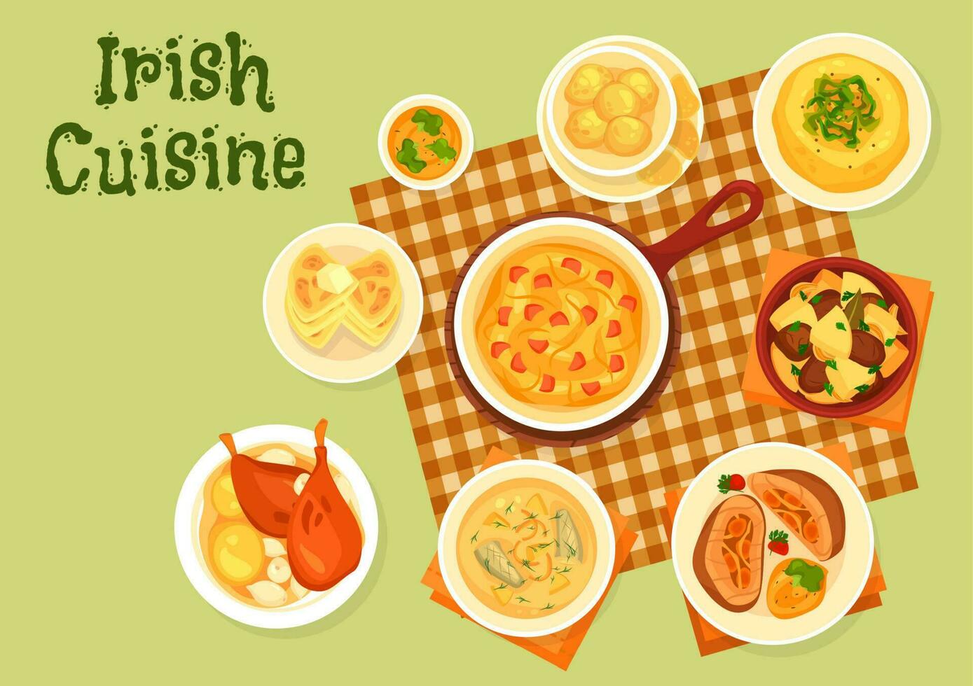 Irish dishes with fish, meat and vegetables vector