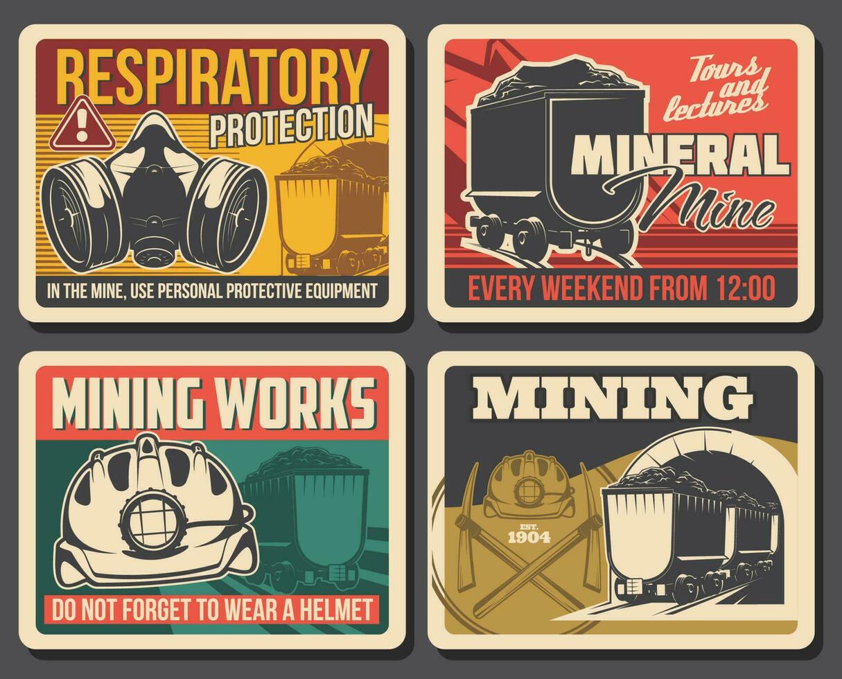 Ore and coal mining poster, mine industry factory vector