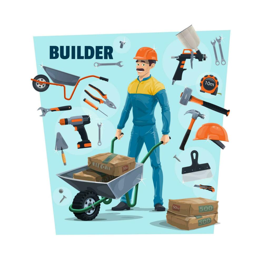 Builder, construction worker and tools vector
