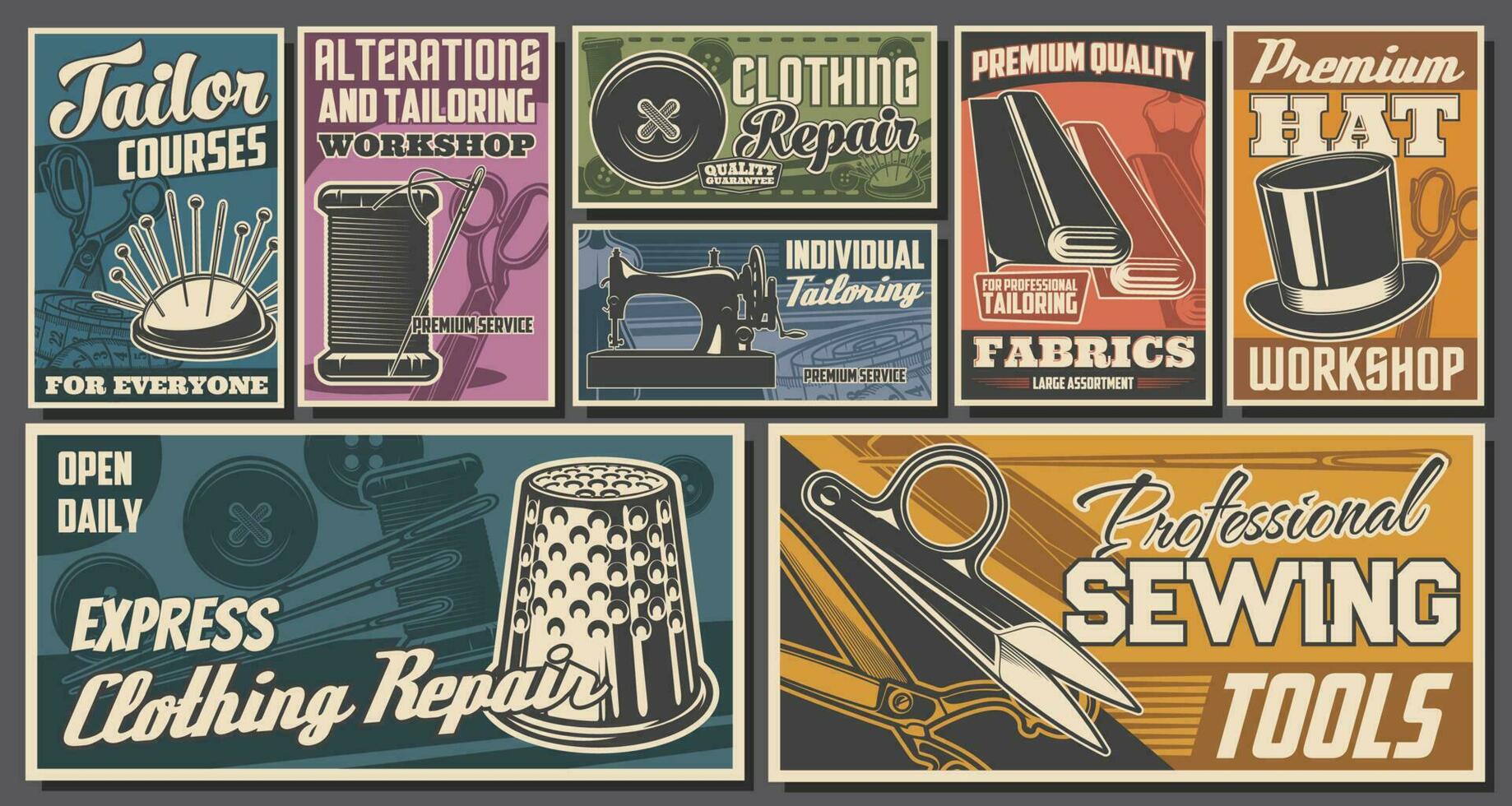 Tailor workshop, sewing services vector poster set