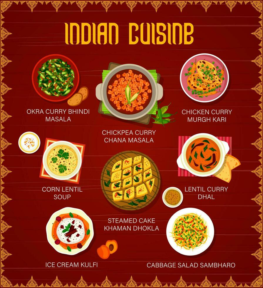indio cocina restaurante menú con curry platos vector