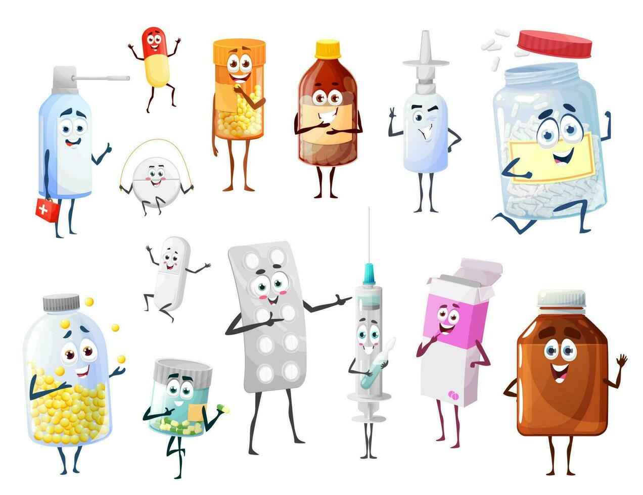 pastillas botellas, drogas y vacuna dibujos animados personaje vector